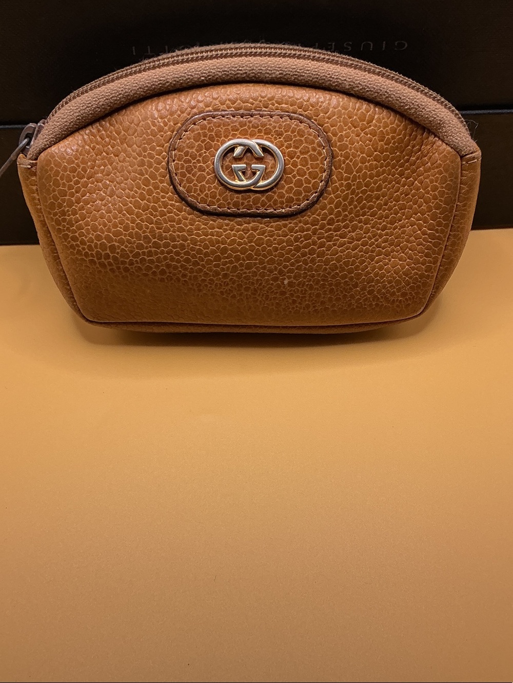 Gucci Tan Pebbled Leather Cosmetic Pouch with Silver GG